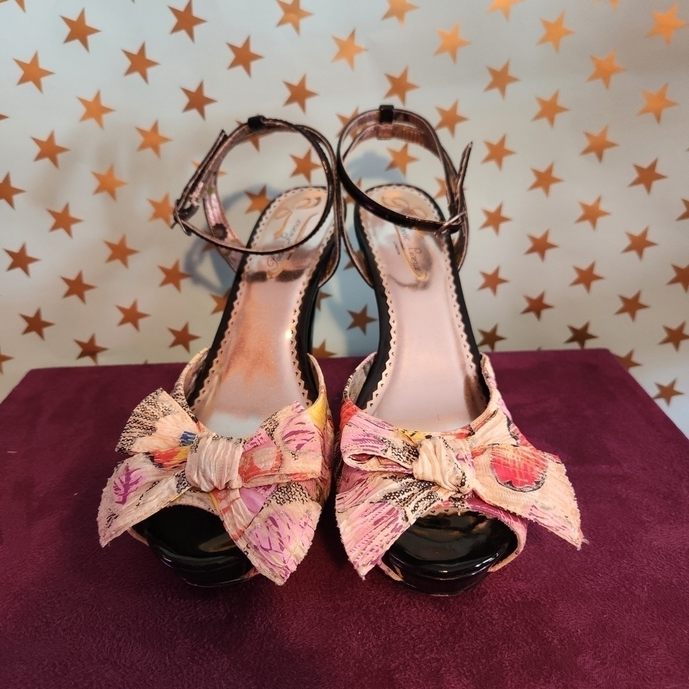Crepe bow ankle strap heels